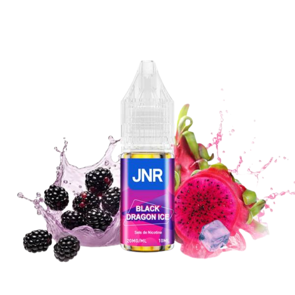 JNR Black Dragon Ice vape juice bottle with blackberries and dragon fruit on a white background