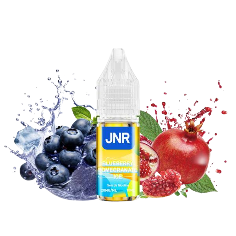 JNR Blueberry Pomegranate vape juice bottle with blueberries and pomegranate on a white background