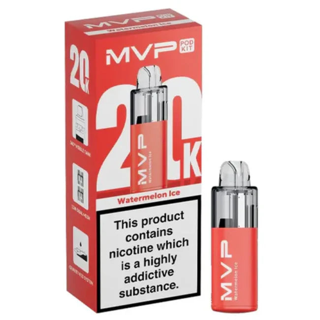 MVP vape pod kit with red packaging and watermelon ice flavor on a white background