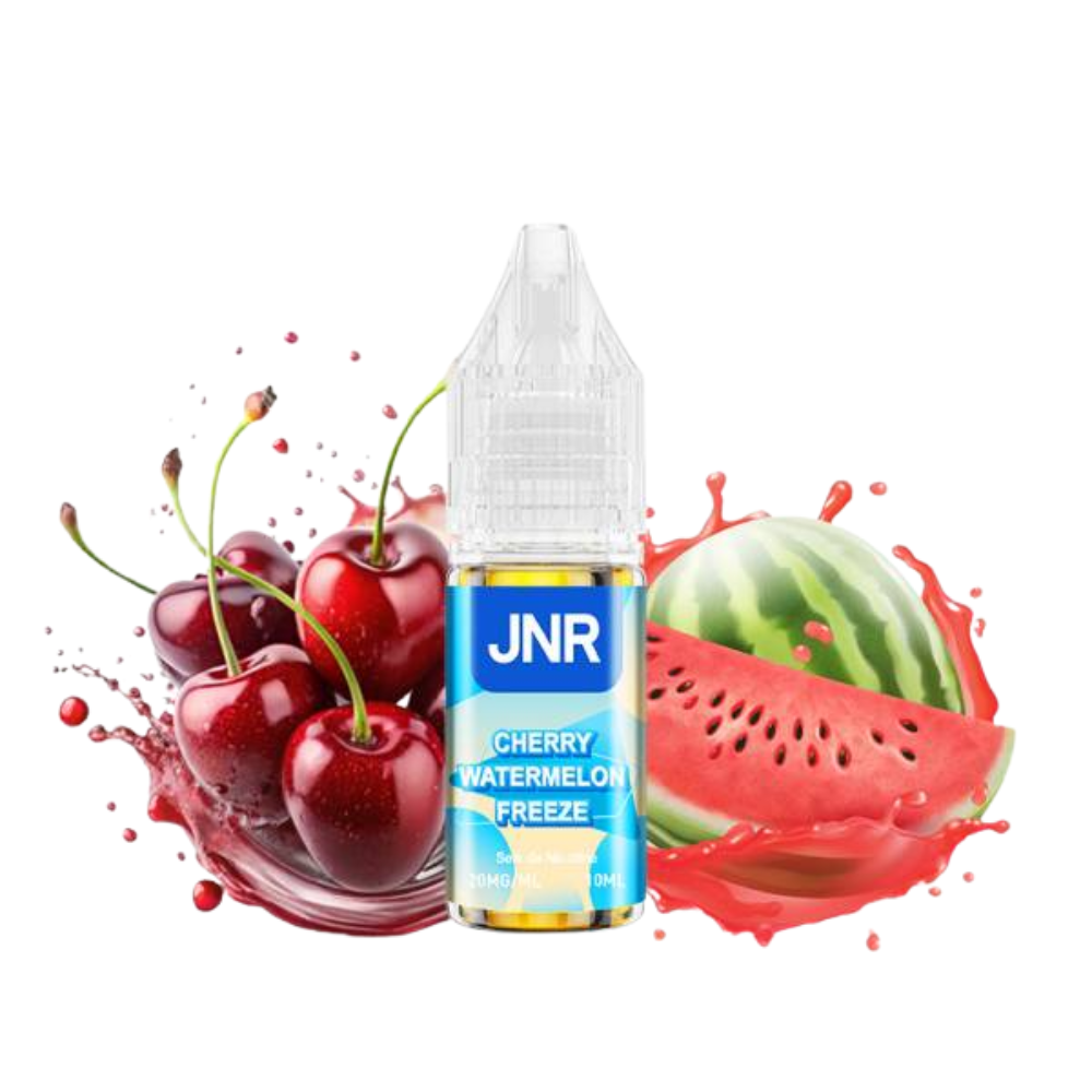 JNR Cherry Watermelon Freeze vape juice bottle with cherry and watermelon graphics on a white background