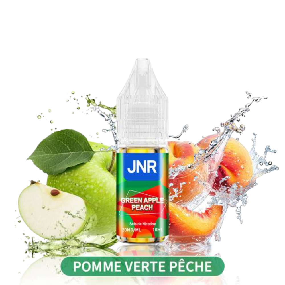 JNR Green Apple Peach e-liquid bottle with green apple and peach graphics on a white background