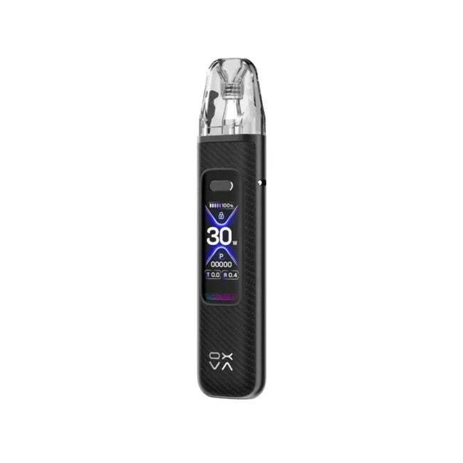 Black vape device with digital display on a white background