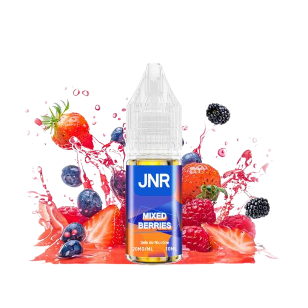 JNR Mixed Berries vape juice bottle with berry graphics on a white background
