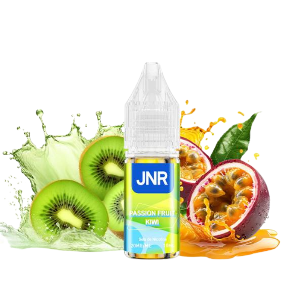 JNR fruit-flavored vape juice bottle with kiwi and passion fruit graphics on a white background