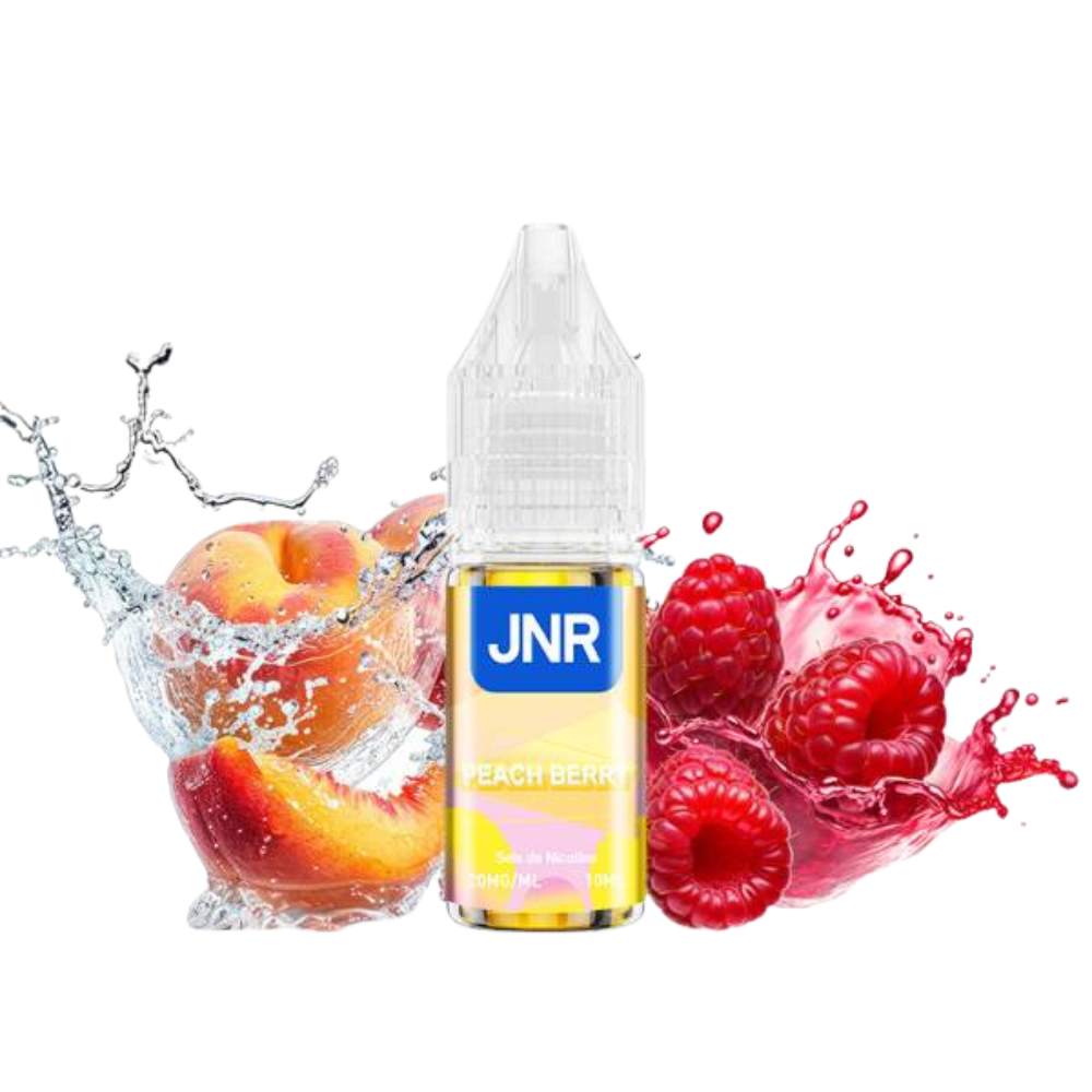 JNR peach berry e-liquid bottle with fruit elements on a white background