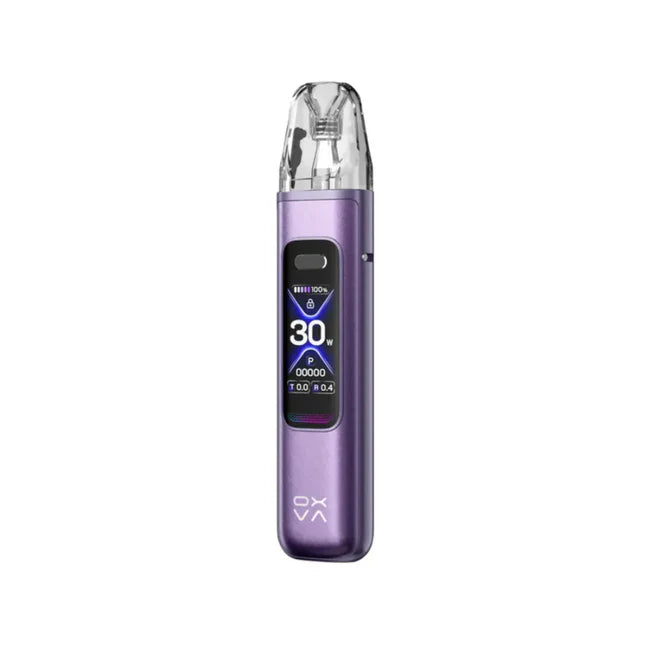 Purple vape device with digital display on a white background