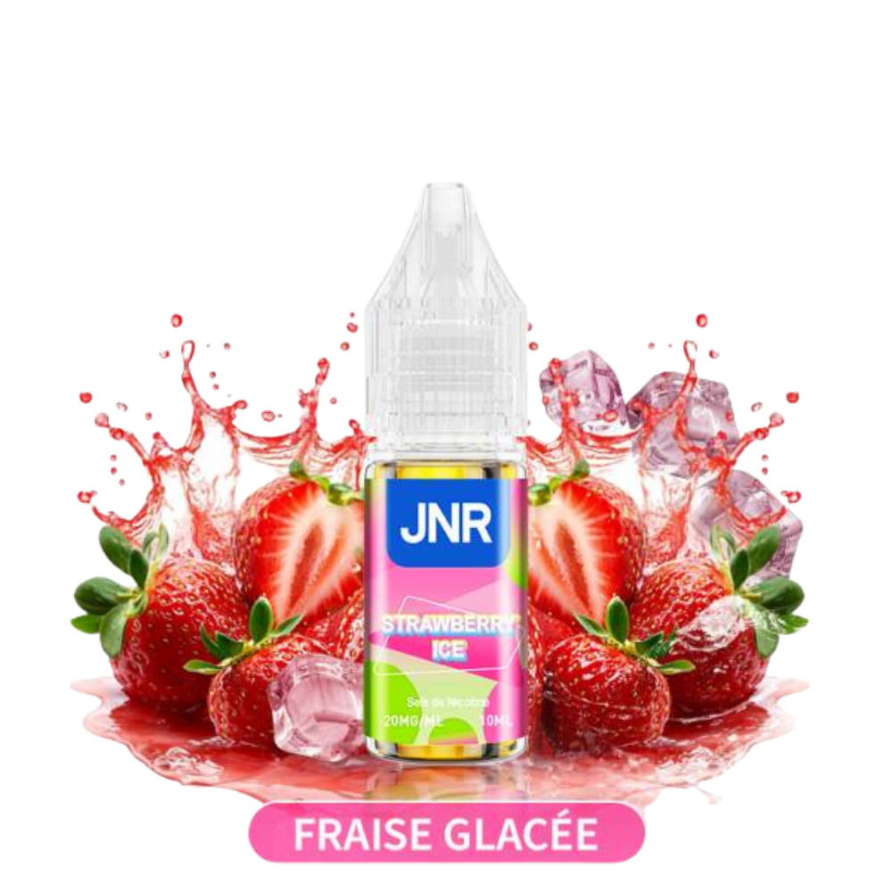JNR Strawberry Ice e-liquid bottle with strawberries and ice cubes on a white background