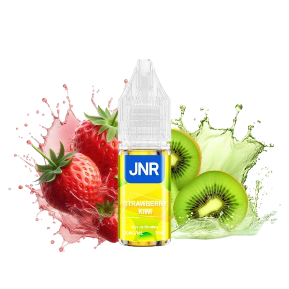 Bottle of JNR Strawberry Kiwi flavor vape juice with strawberries and kiwis on a white background