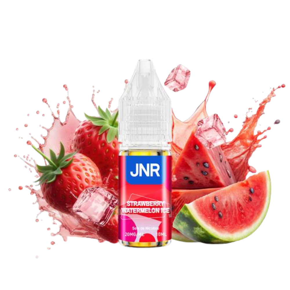 JNR Strawberry Watermelon Ice e-liquid bottle with strawberries and watermelon slices on a white background