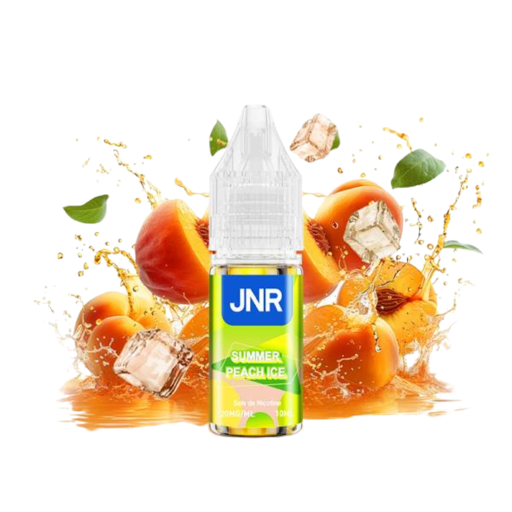 JNR Summer Peach Ice e-liquid bottle with peach and ice cube graphics on a white background