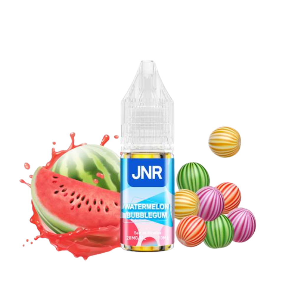 JNR watermelon bubblegum vape juice bottle with watermelon, colorful balls, and watermelon slices on a white background