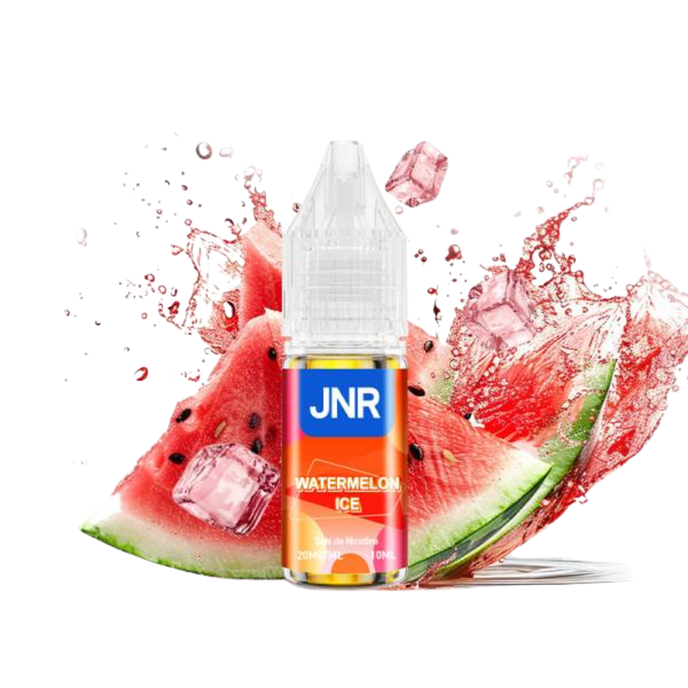 JNR Watermelon Ice vape juice bottle with watermelon slices and ice cubes on a white background