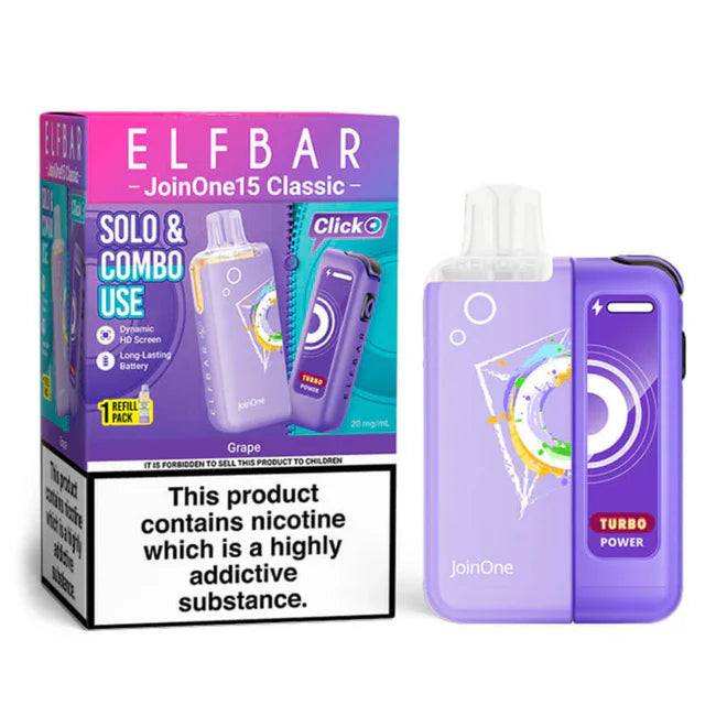 Purple vape device with packaging displaying 'ELF BAR' branding on a white background.