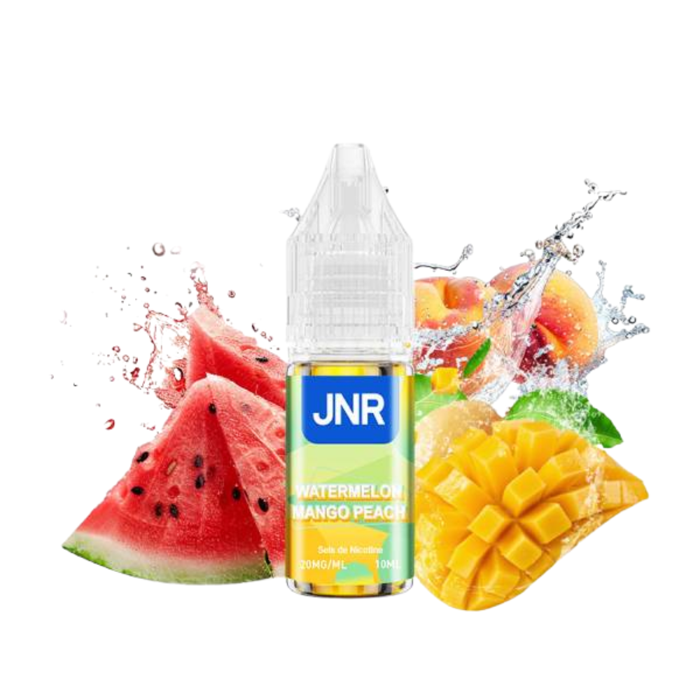 JNR fruit-flavored vape juice bottle with watermelon, mango, and peach slices on a white background