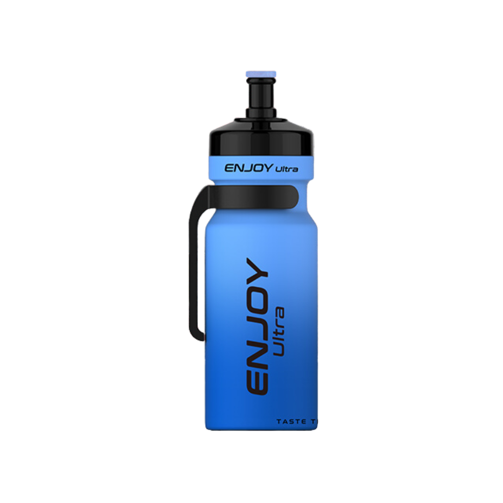 Blue water bottle with black handle and 'ENJOY Ultra' branding on a white background