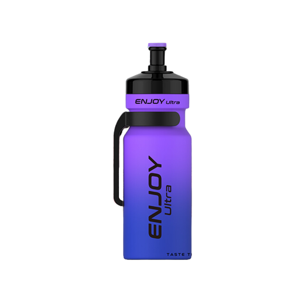 Purple water bottle with black handle and 'ENJOY Ultra' branding on a white background