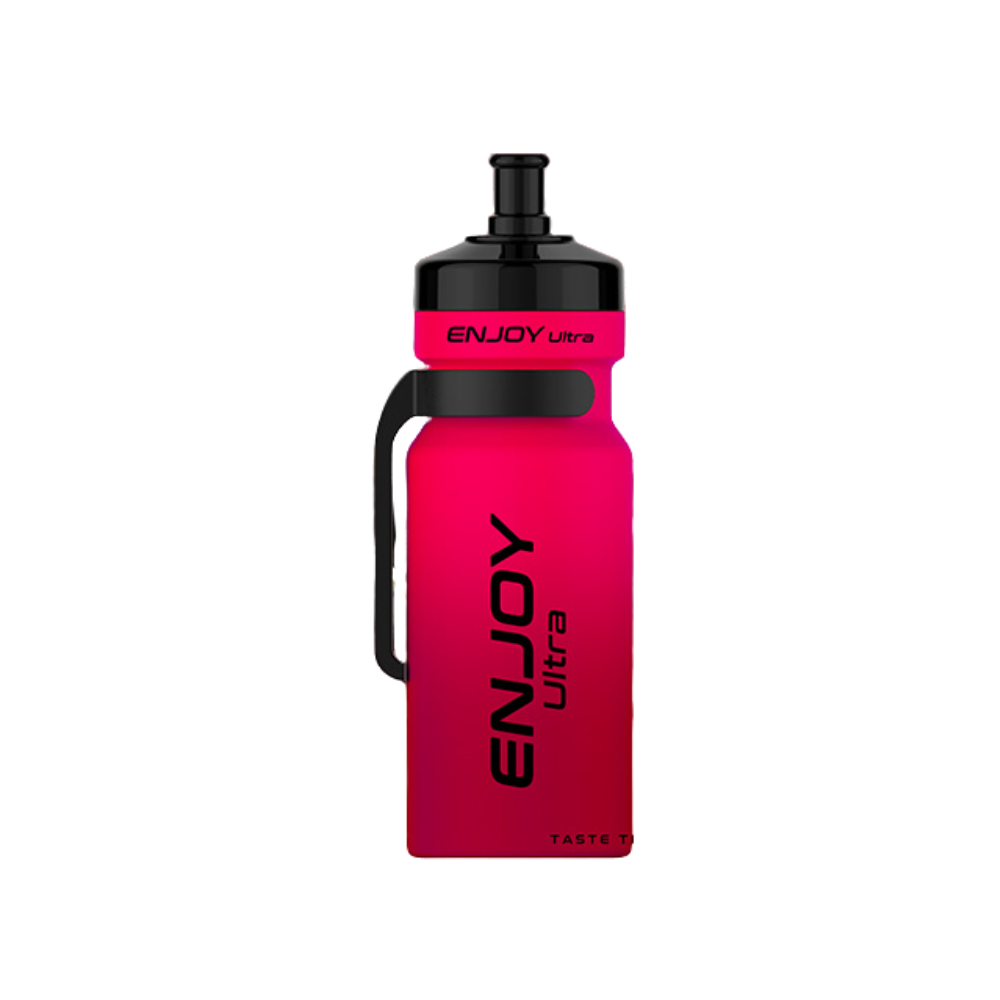 Pink water bottle with black handle and 'ENJOY Ultra' branding on a white background