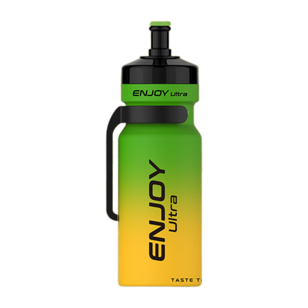 Green and yellow water bottle with 'ENJOY ultra' branding on a white background