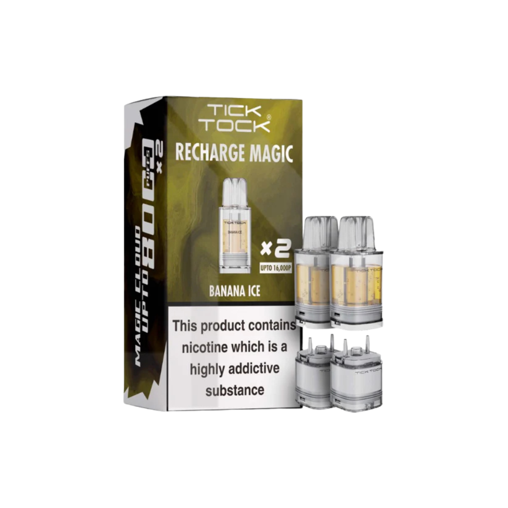 Vape device packaging with 'Tick Tock' branding on a white background