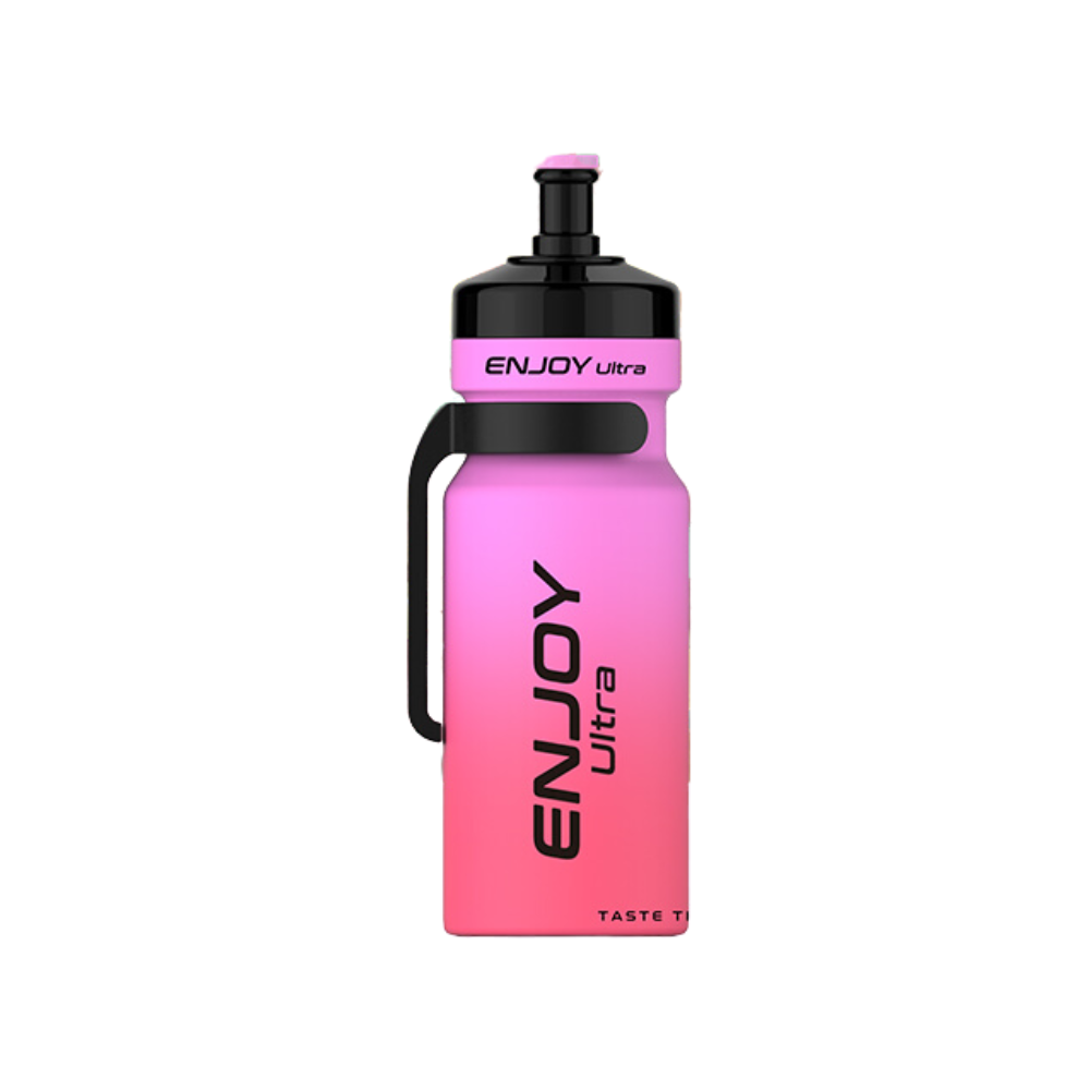 Pink water bottle with black handle and 'ENJOY Ultra' branding on a white background
