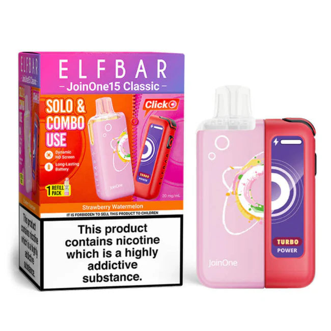 Elf Bar vape device and packaging with nicotine warning label on a white background
