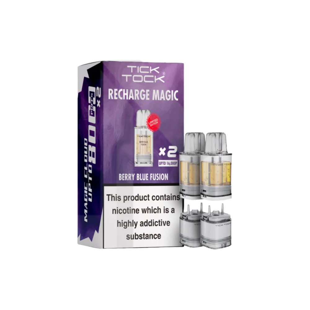 Tick Tock rechargeable vape device packaging with two cartridges on a white background