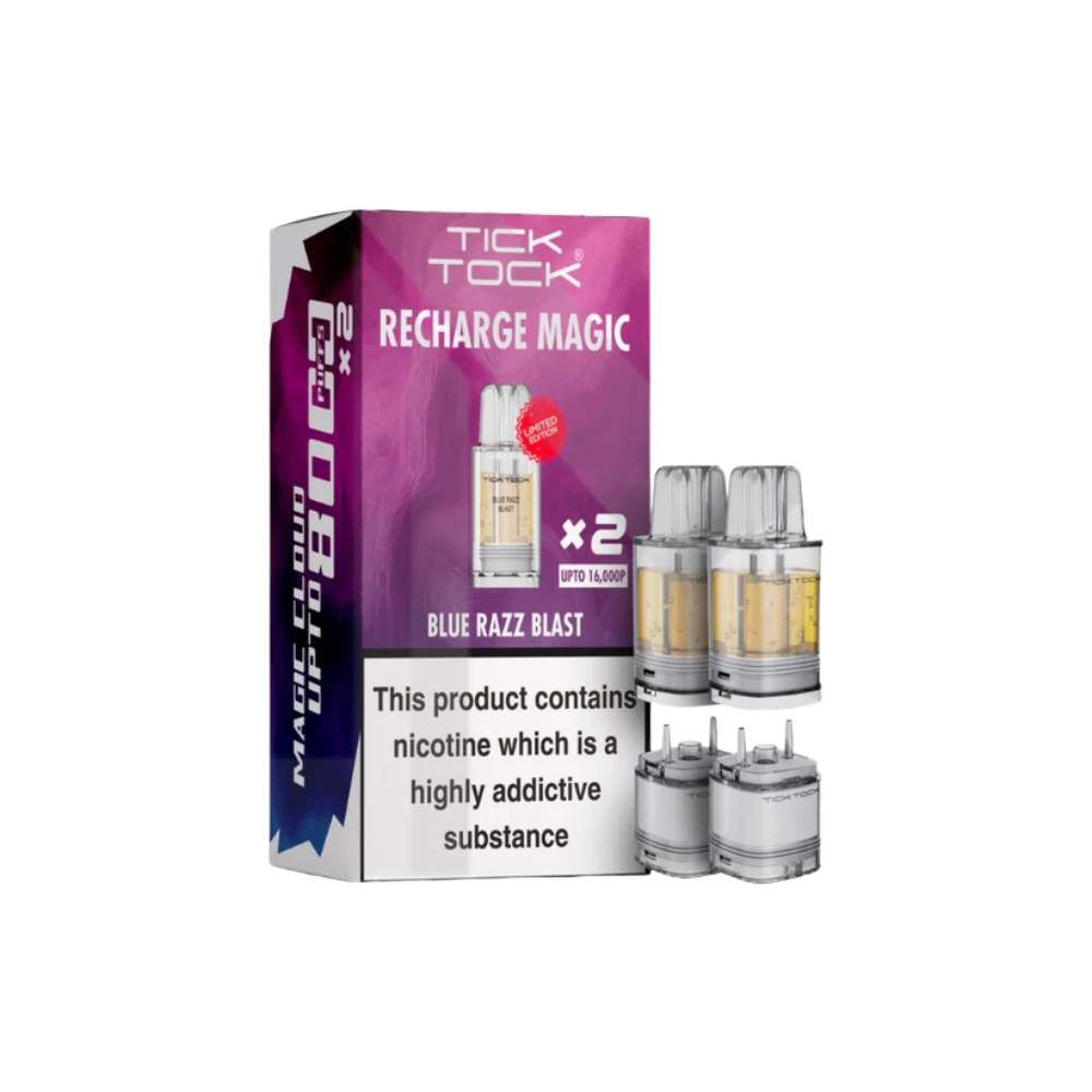 Tick Tock vape device packaging with two cartridges on a white background