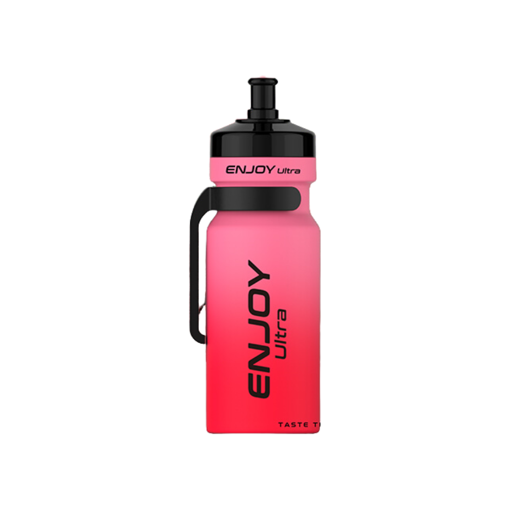 Pink water bottle with black handle and 'ENJOY Ultra' branding on a white background