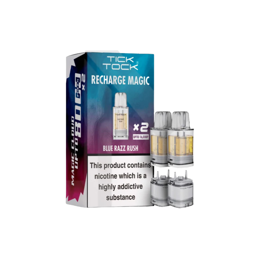 Tick Tock vape device packaging with two cartridges on a white background