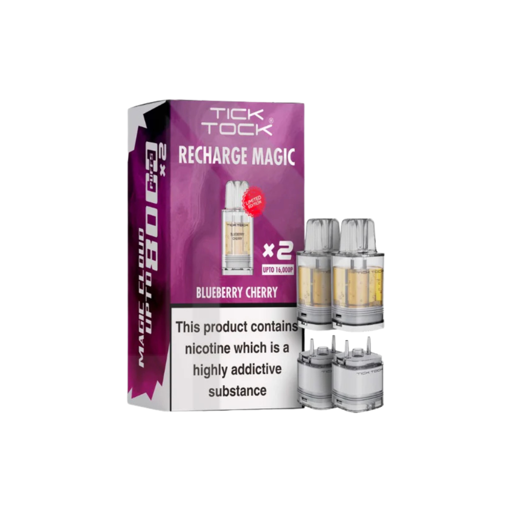 Tick Tock vape device packaging with blueberry cherry flavor on a white background