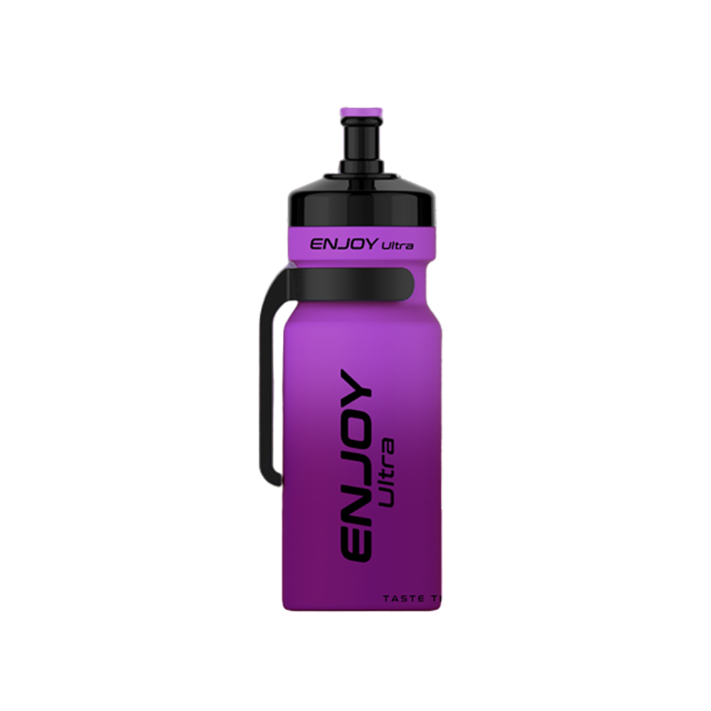 Purple water bottle with black handle and text on a white background