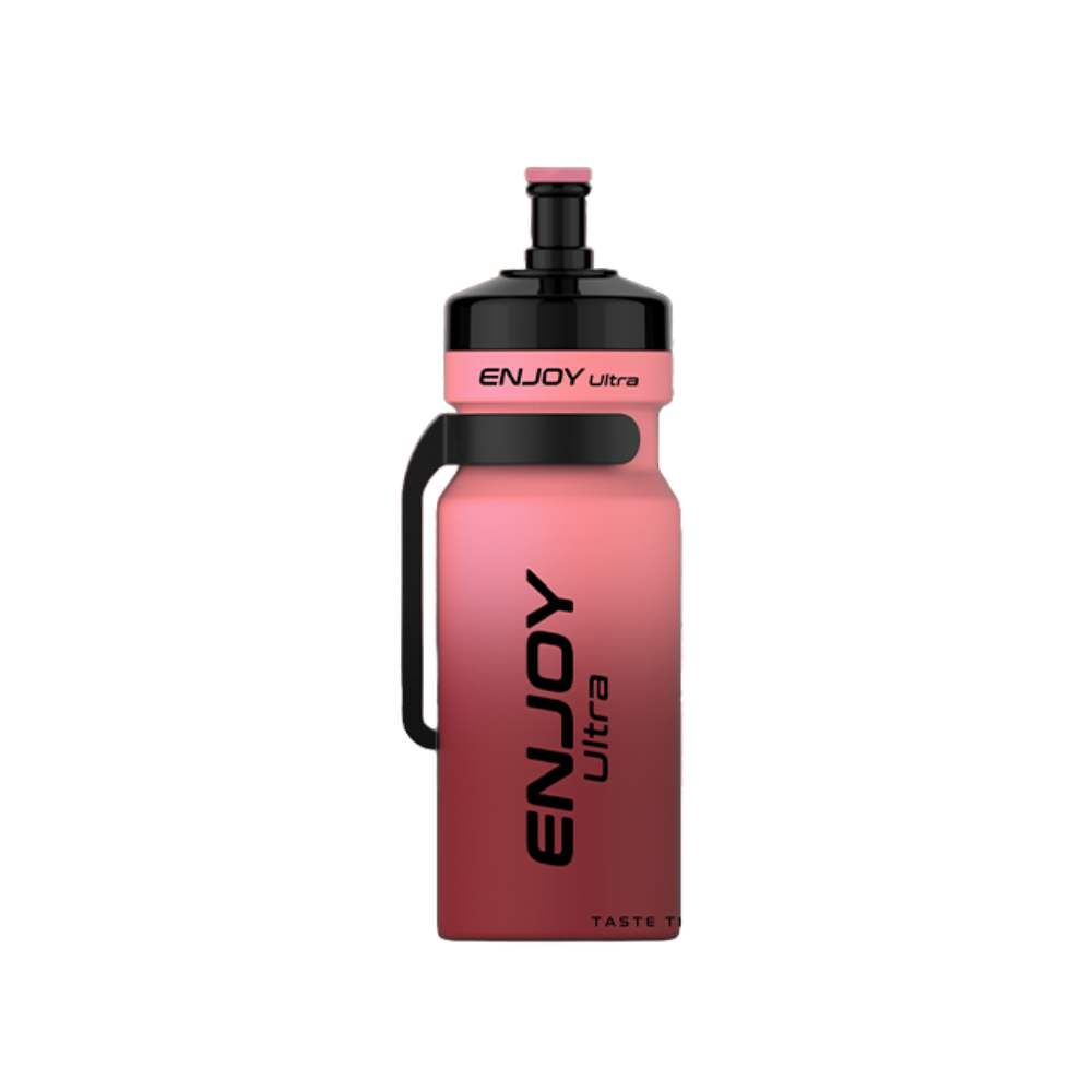 Pink water bottle with black text on a white background