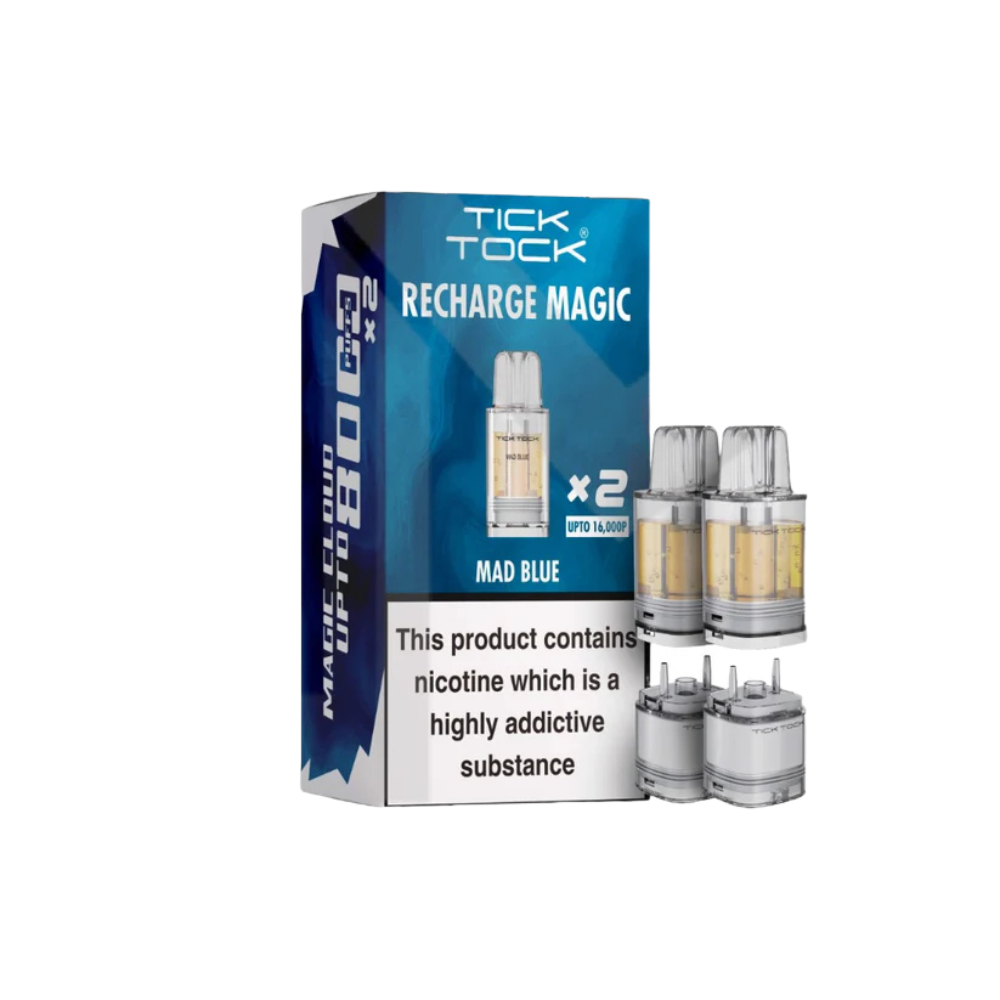 Tick Tock rechargeable vape device packaging with two devices on a white background