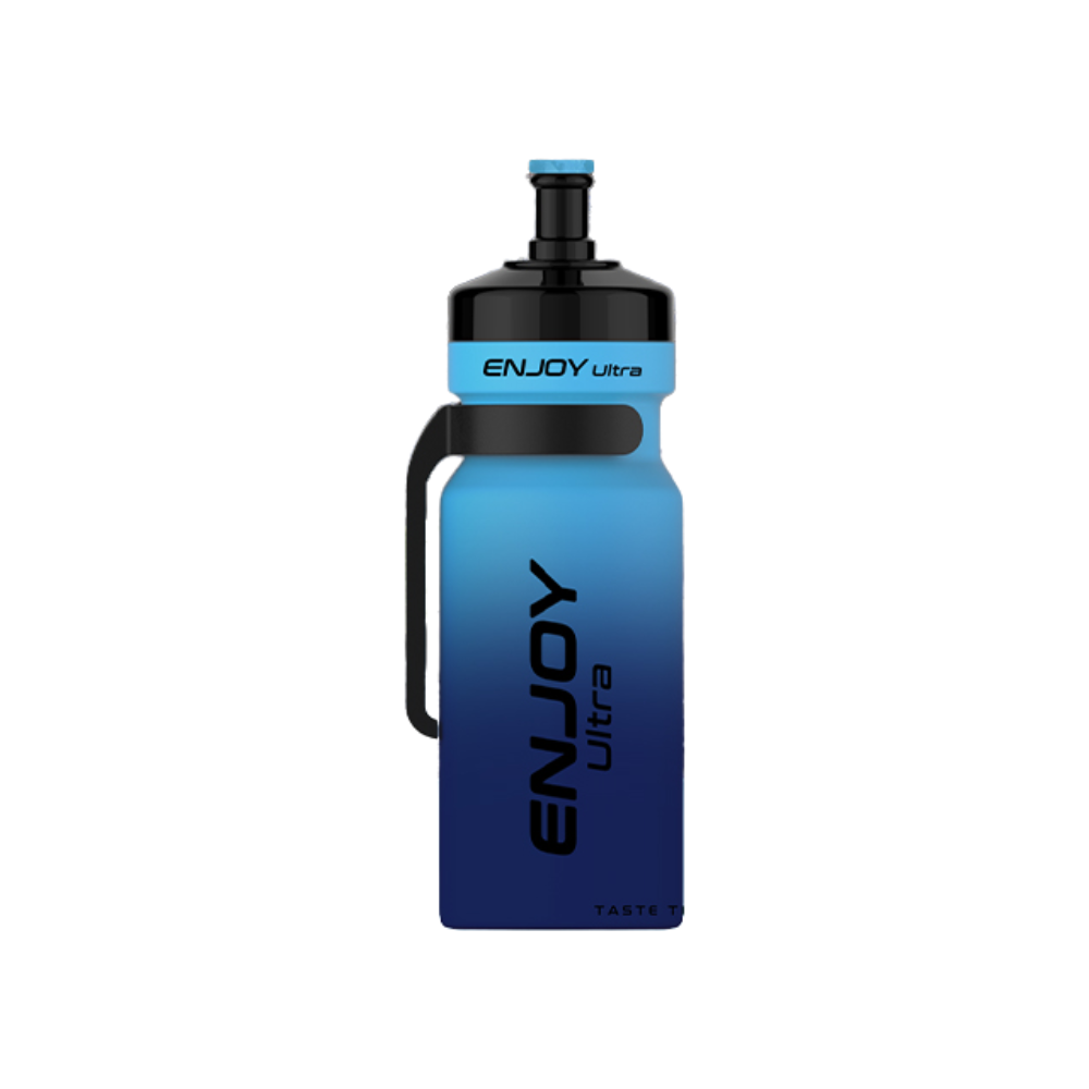 Blue and black water bottle with 'ENJOY ultra' branding on a white background