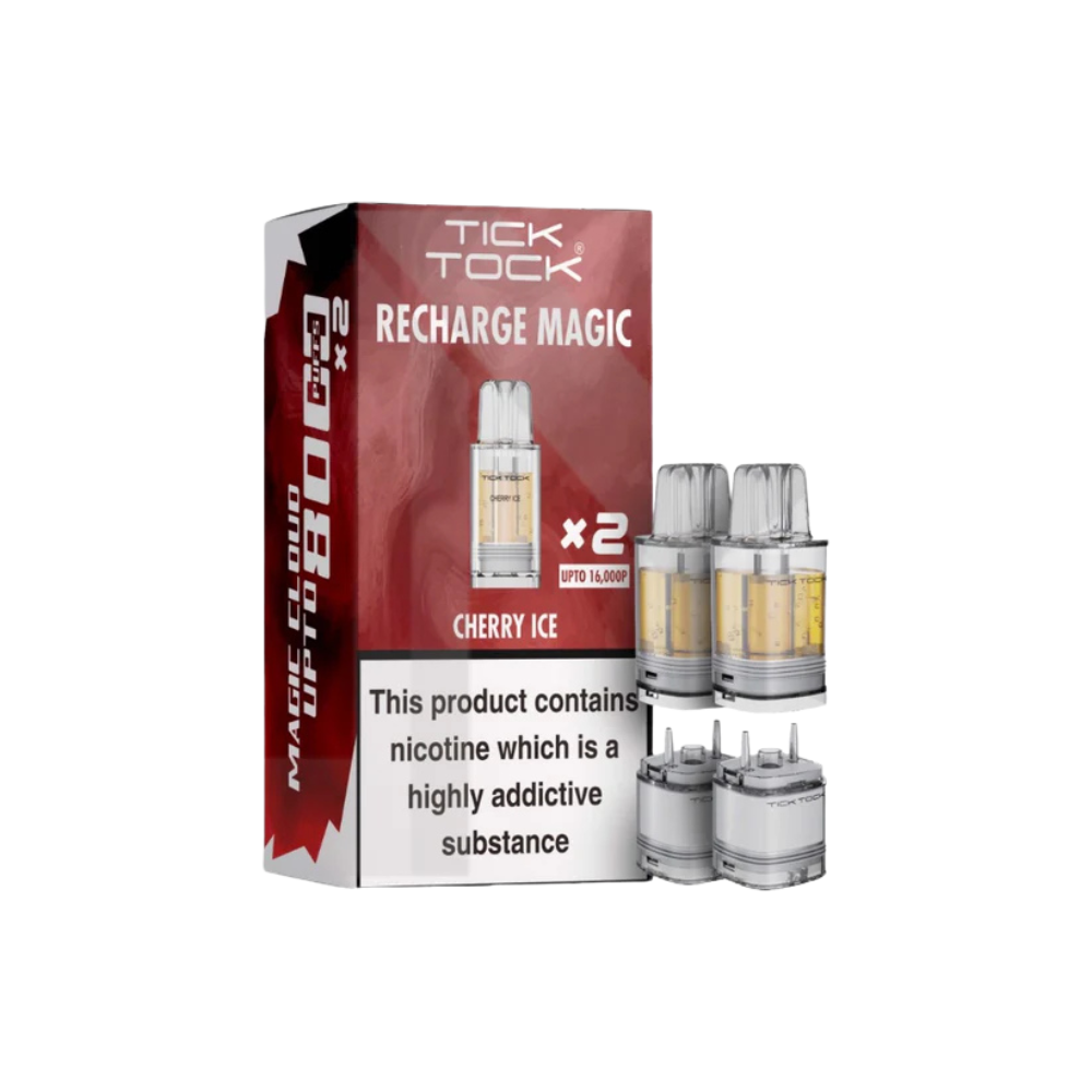 Tick Tock rechargeable vape device packaging with two devices on a white background