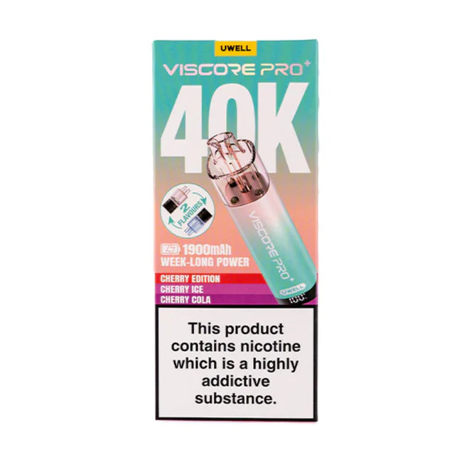 Uwell Viscore Pro 40K vape device packaging with nicotine warning label on a white background