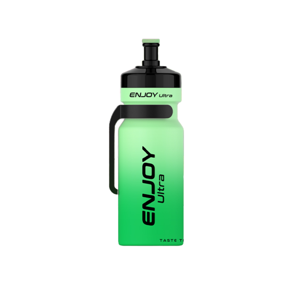 Green water bottle with black handle and text on a white background