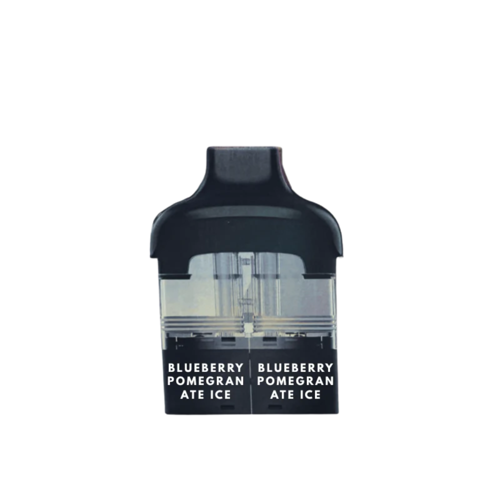 Black vape device with 'Blueberry Pomegranate Ice' text on a white background