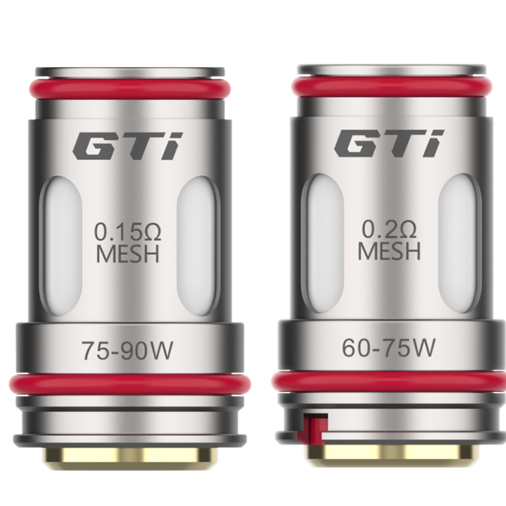 Two GTi vape coils with different mesh settings on a white background