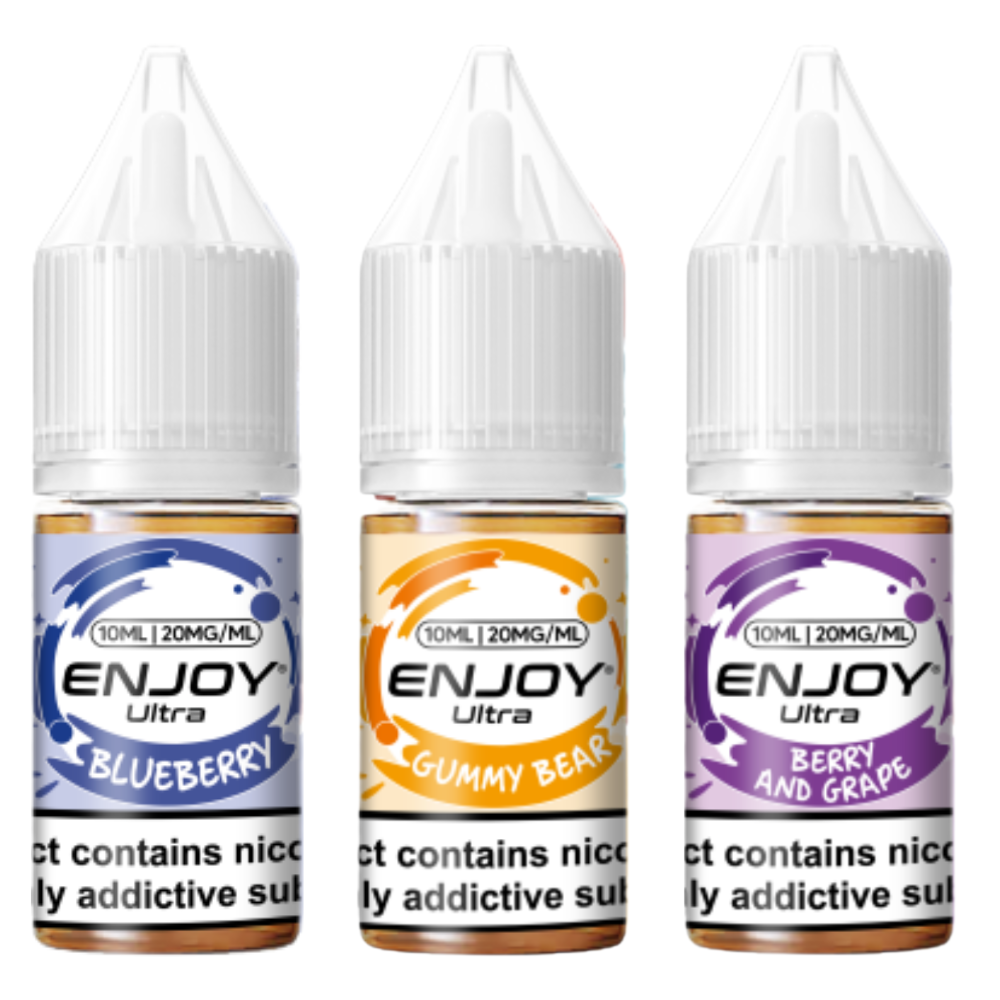 Three bottles of Enjoy Ultra e-liquid with different flavors on a white background