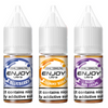 Three bottles of Enjoy Ultra e-liquid with different flavors on a white background