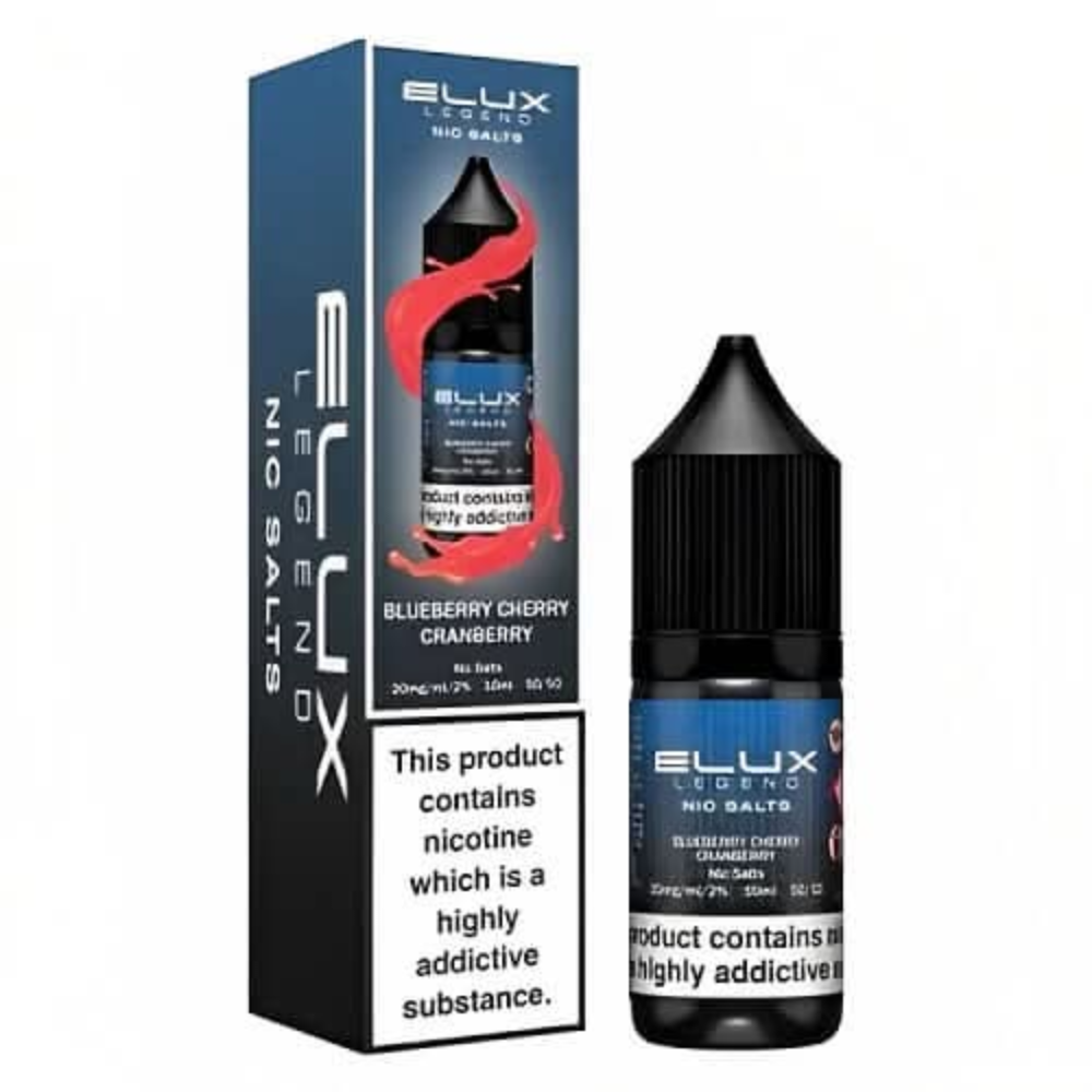 Elux Legend Nic Salts Blueberry Cherry Cranberry e-liquid bottle and packaging on a white background
