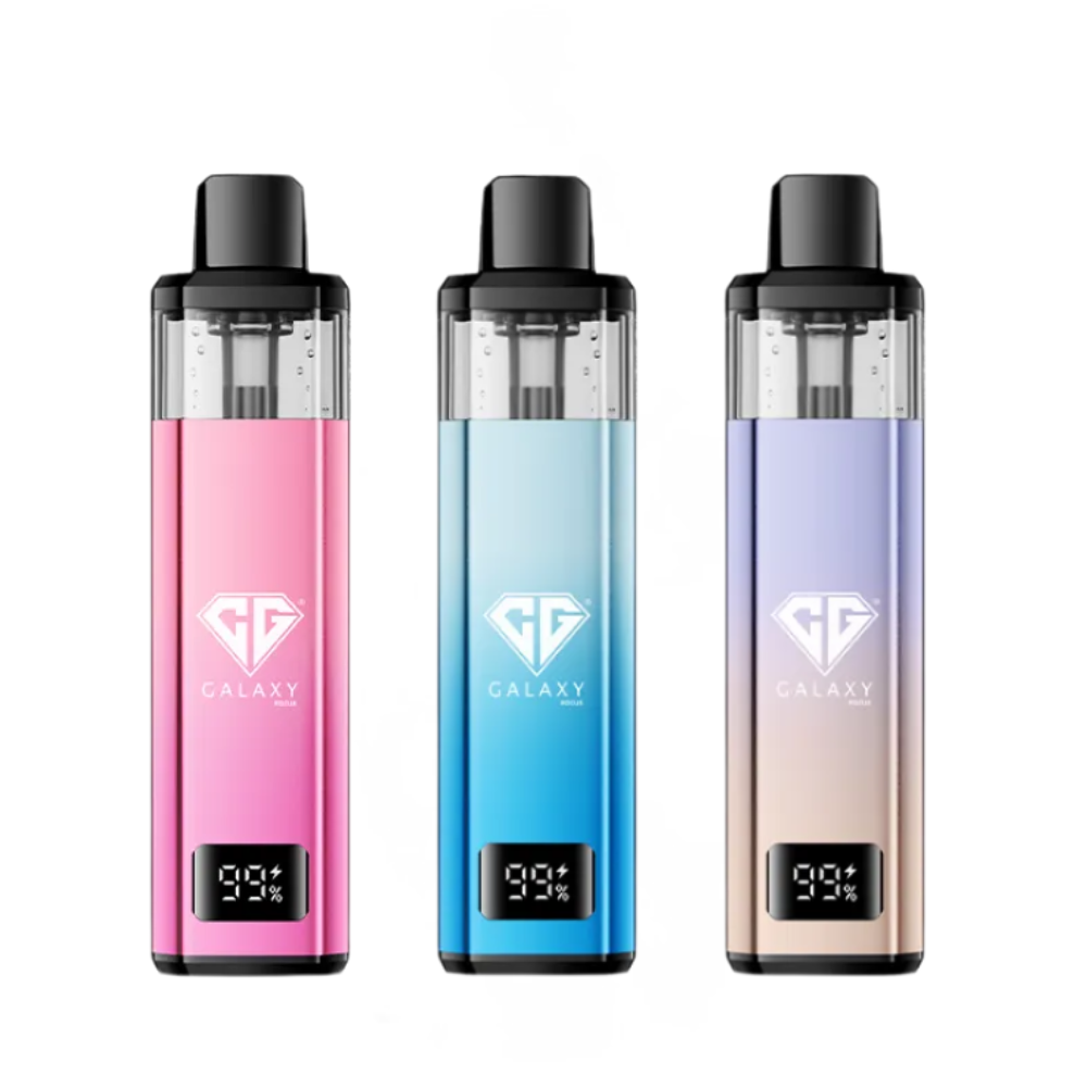 Three vape devices in pink, blue, and gradient colors on a white background
