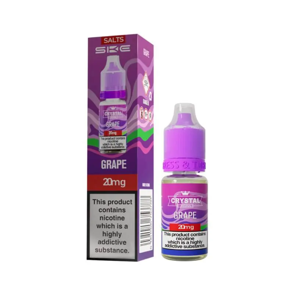 Crystal Grape vape juice bottle and packaging on a white background