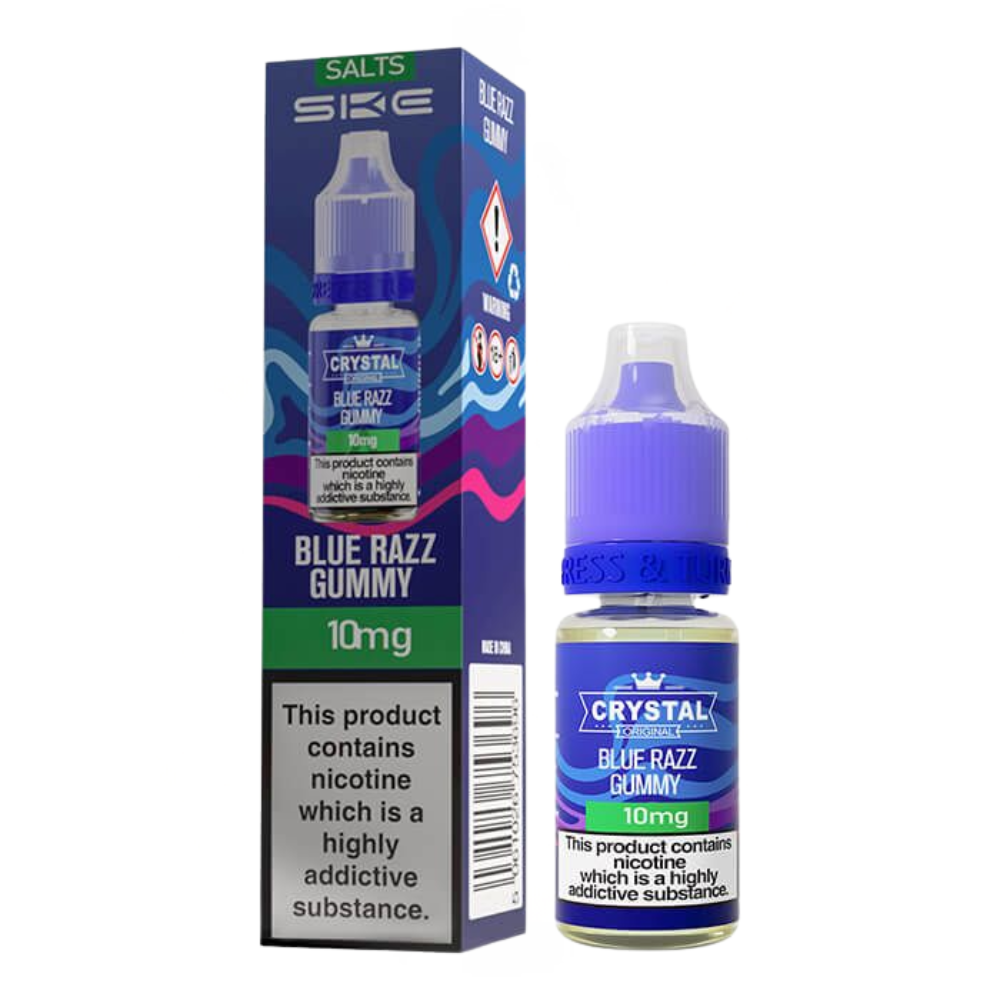 Crystal Blue Razz Gummy vape juice bottle and packaging on a white background