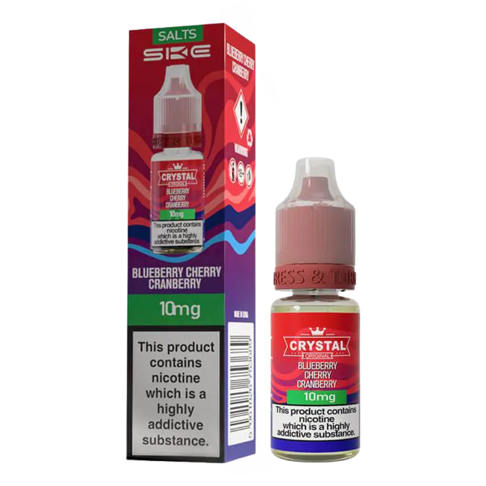 SKE Crystal Blueberry Cherry Cranberry vape juice bottle and packaging on a white background