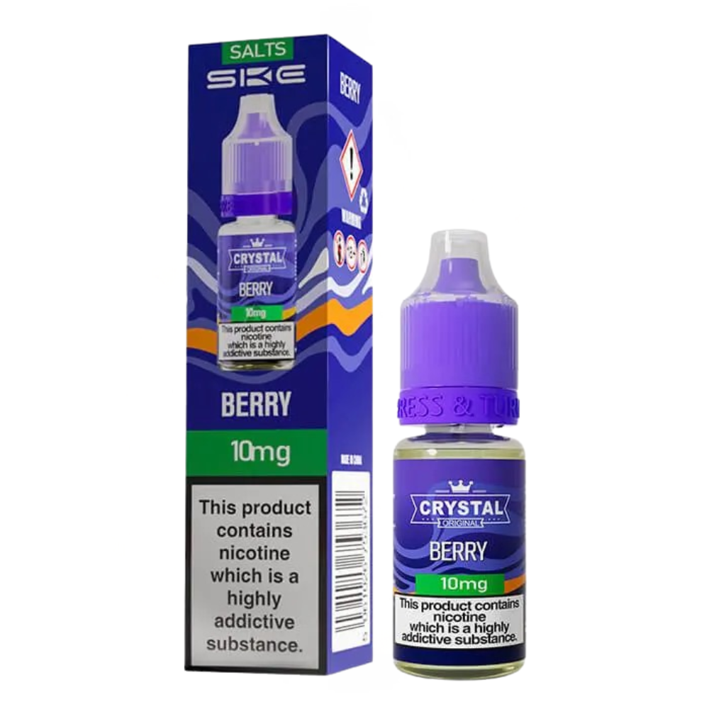 Crystal Berry vape juice bottle and packaging on a white background