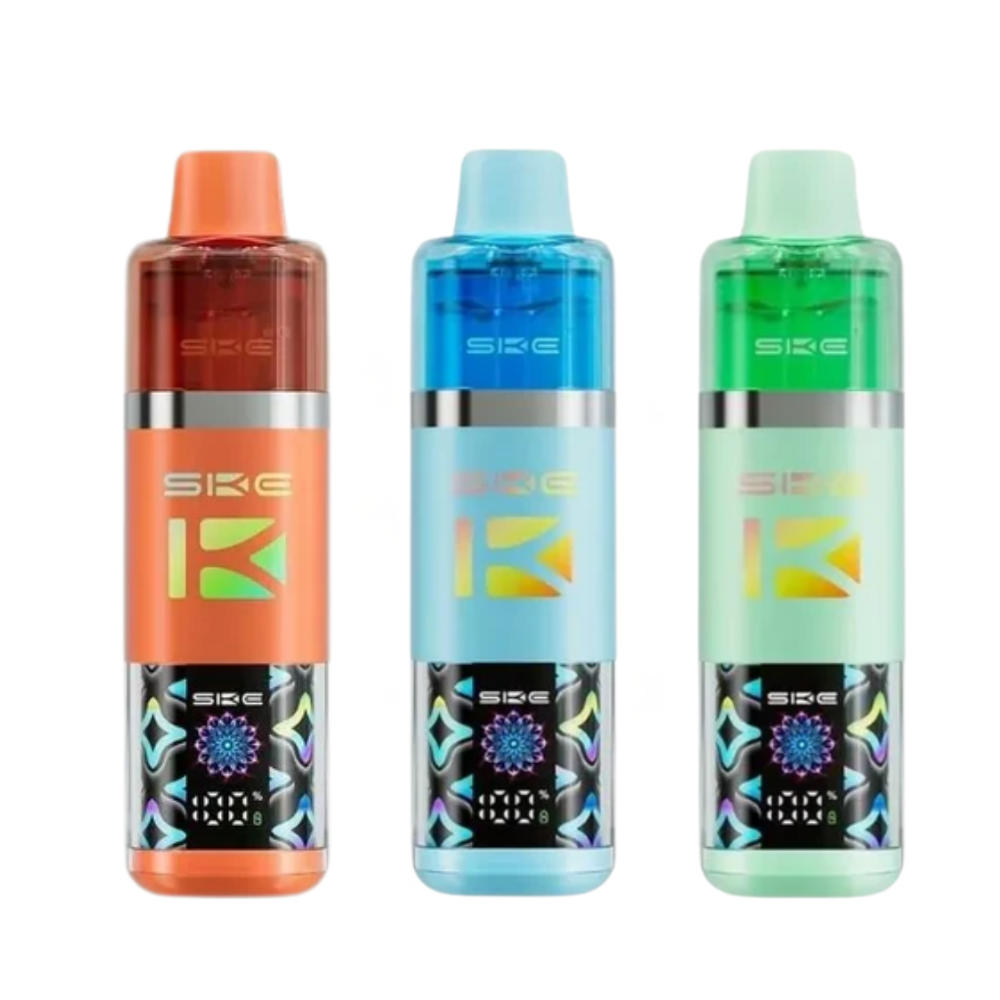 Three colorful vape devices with 'SKE' branding on a white background
