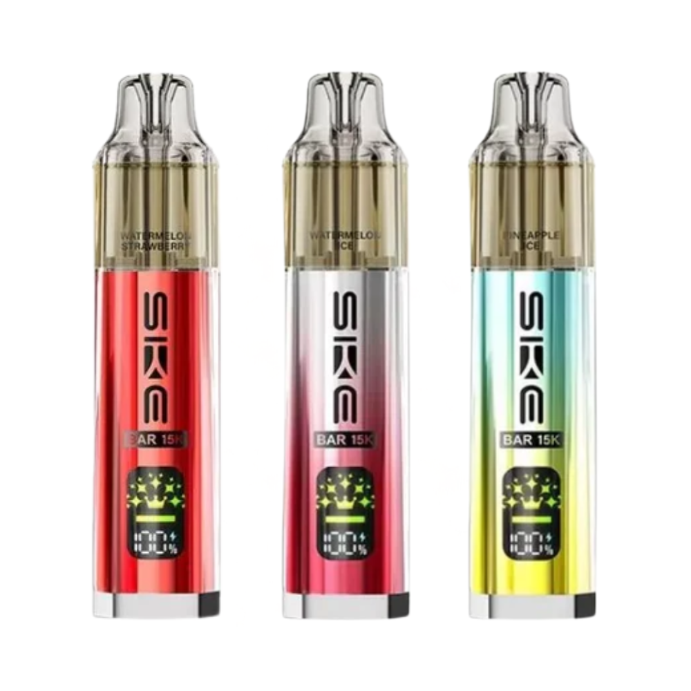 Three SKRR vape devices with different colored tanks on a white background