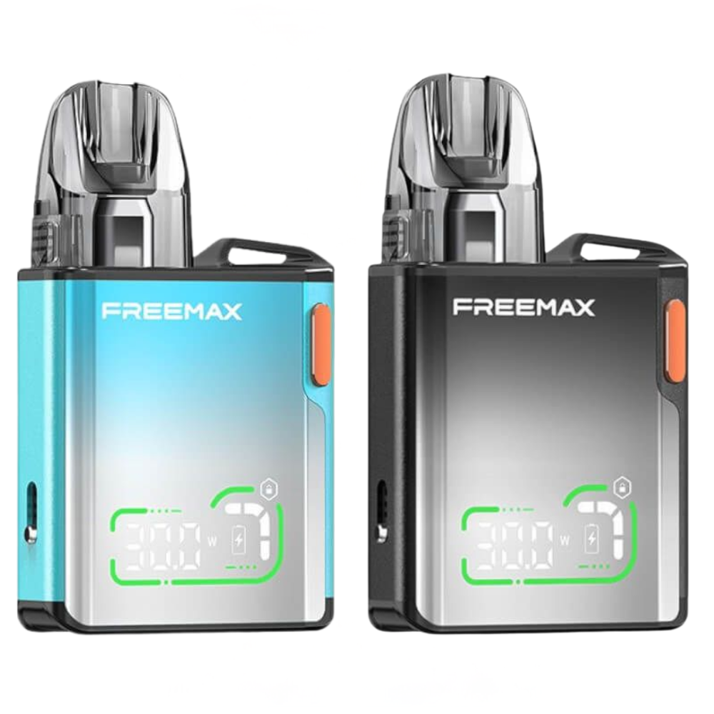Two Freemax vaping devices on a white background